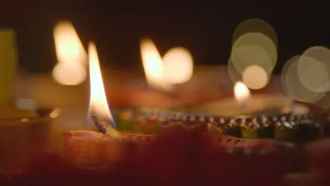 Close Up Of Burning Lamps Celebrating Festival Of Diwali