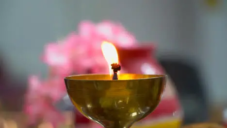 Lit Brass Lamp Or Diya Used In Hindu Temple Burning During Fire Ritual Of Havan