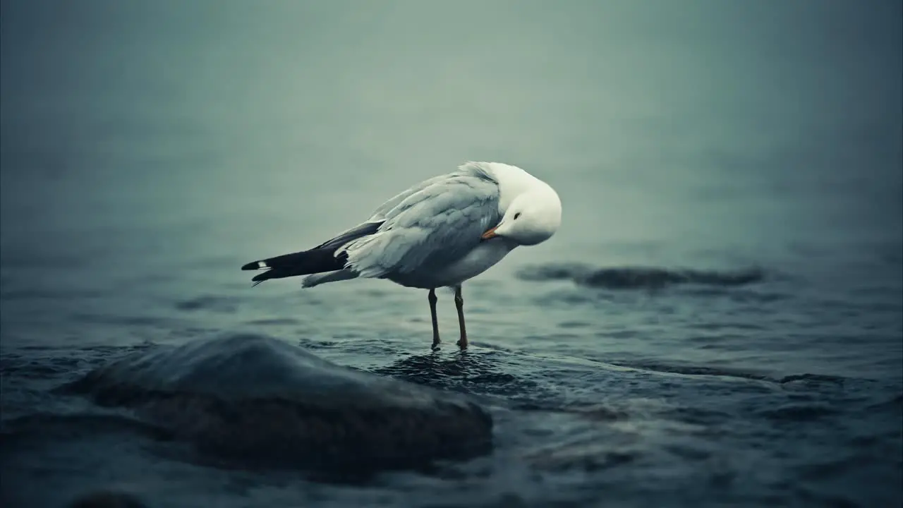 Seagull Cleaning itself while Standing in Foggy Shallow Lake Water with Waves and Rising Tide in Slow Motion Closeup 4K