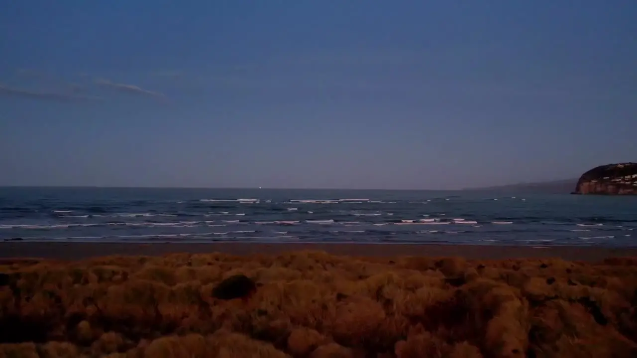 Low aerial over scrub toward a beach with waves rolling in at sunset