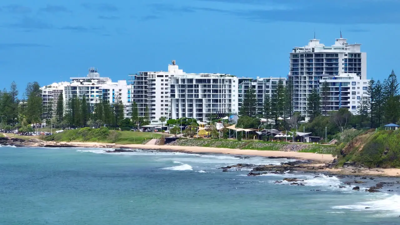 Drone View Of Mooloolaba Esplanade With Beachfront Blue Ocean Telephoto Australia 4K