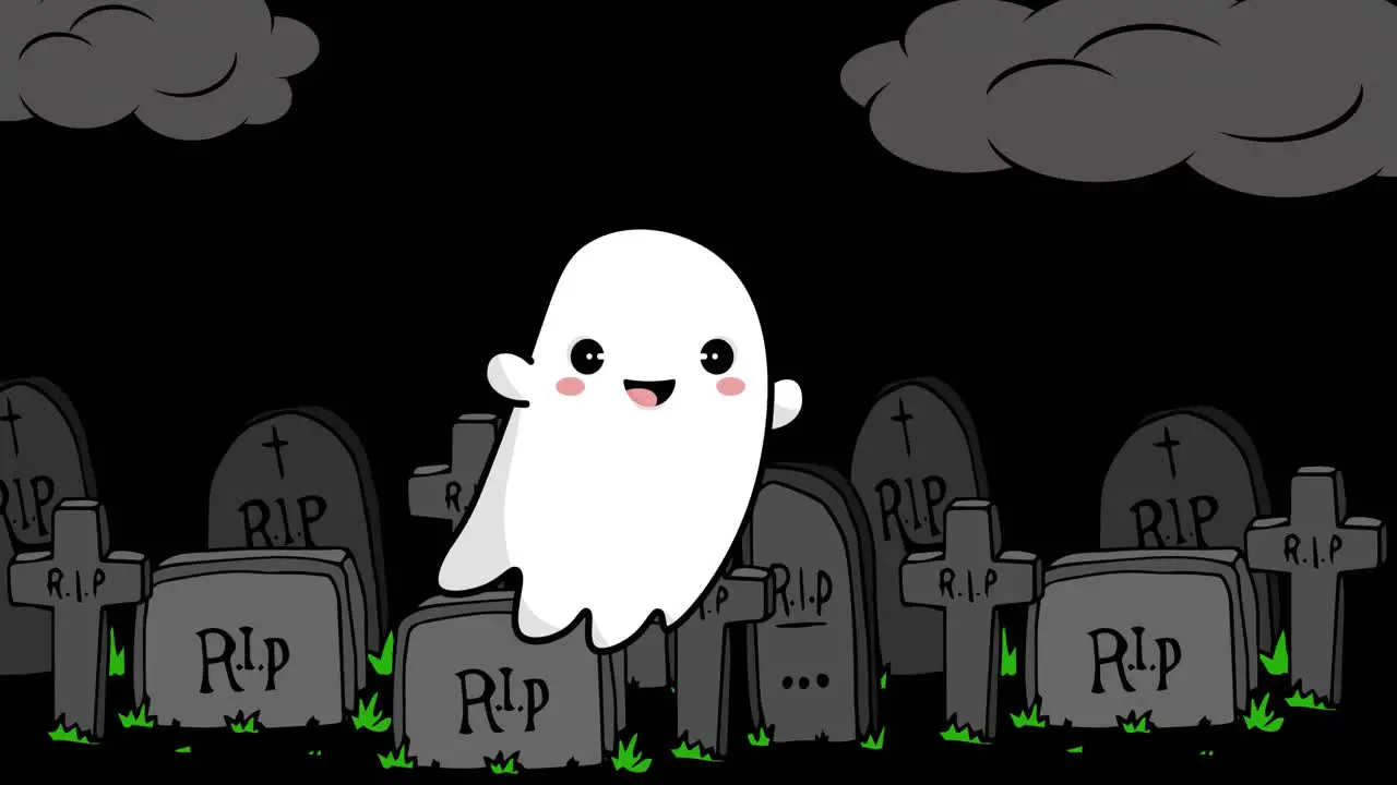 Animation of flying ghost over cemetery on black background