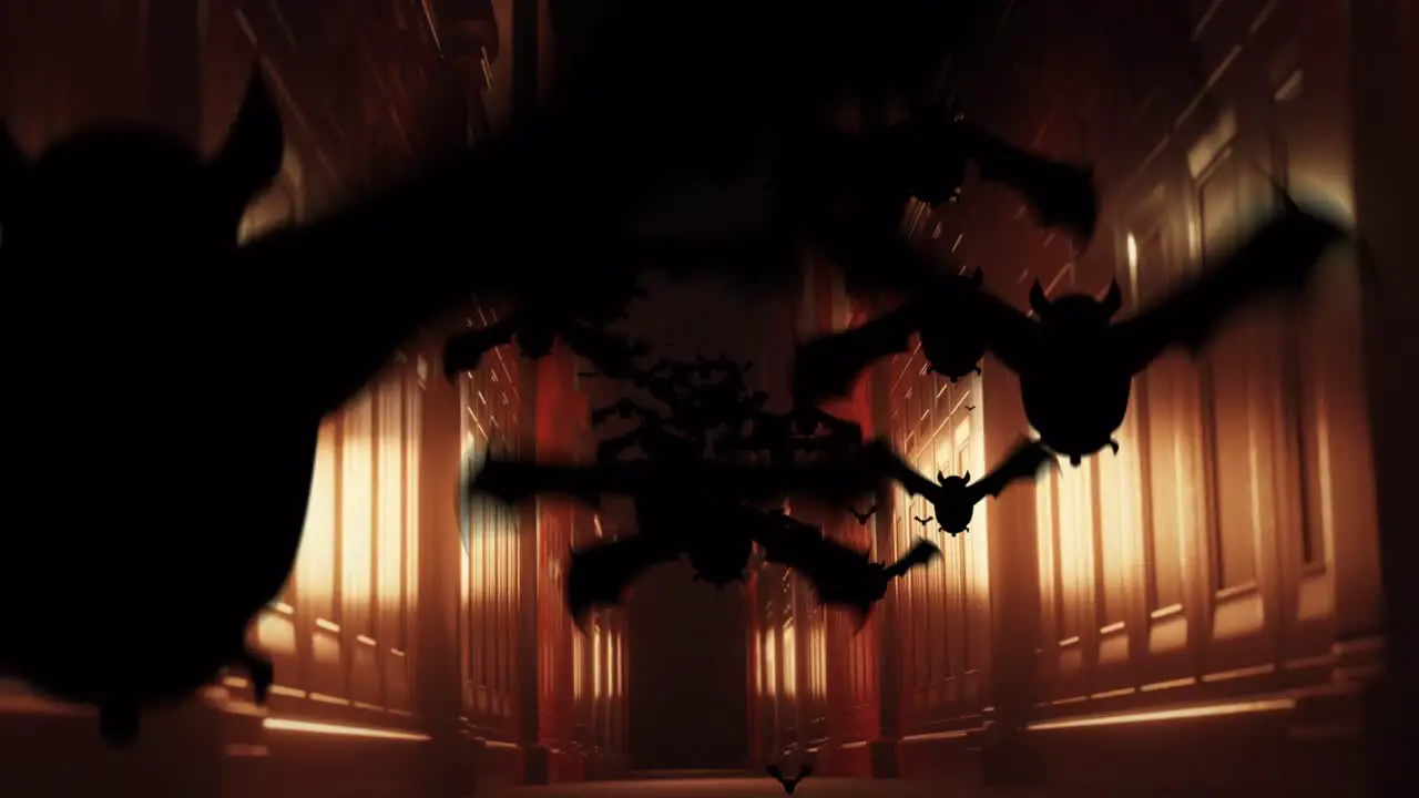 Animation of bats flying over scary narrow corridor