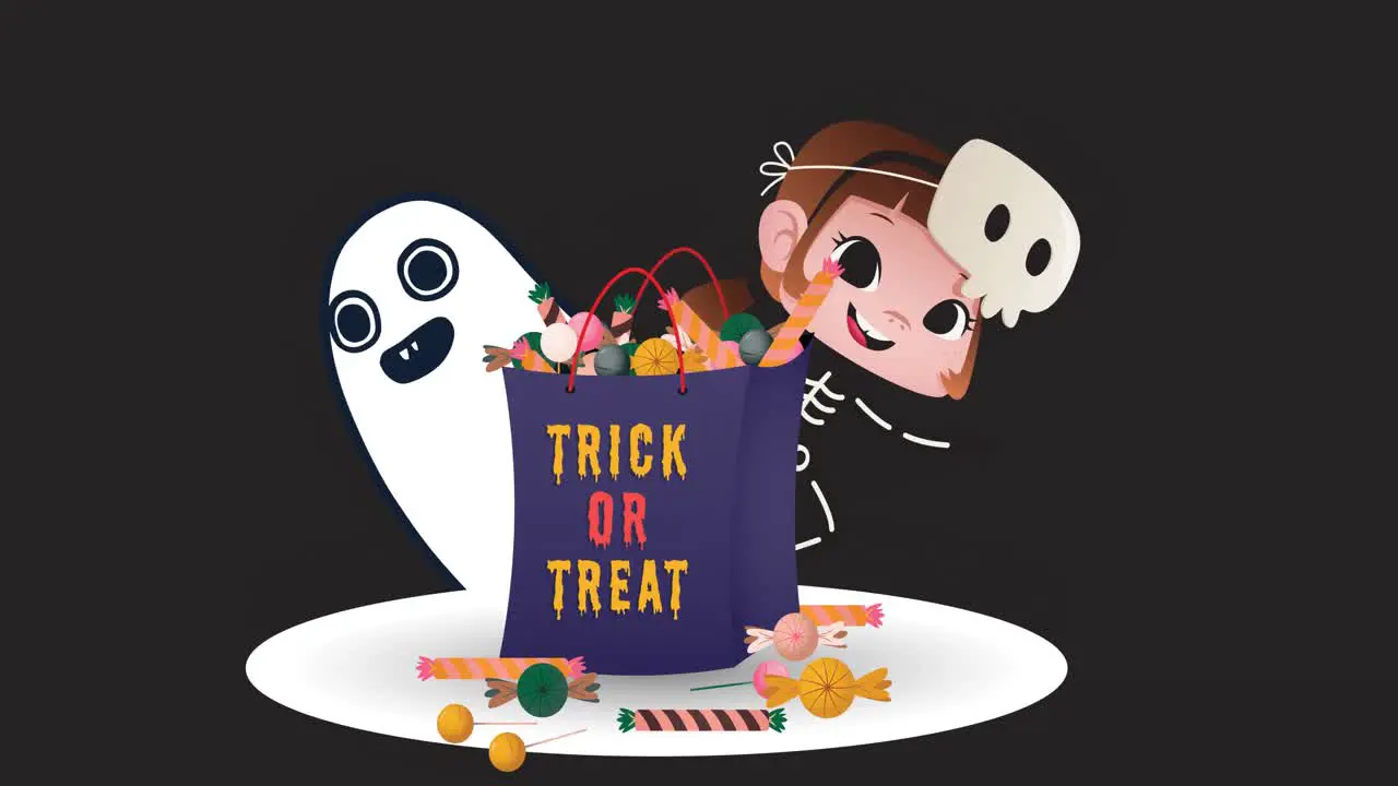 Animation of trick or treat text on bag with candy over girl and ghost