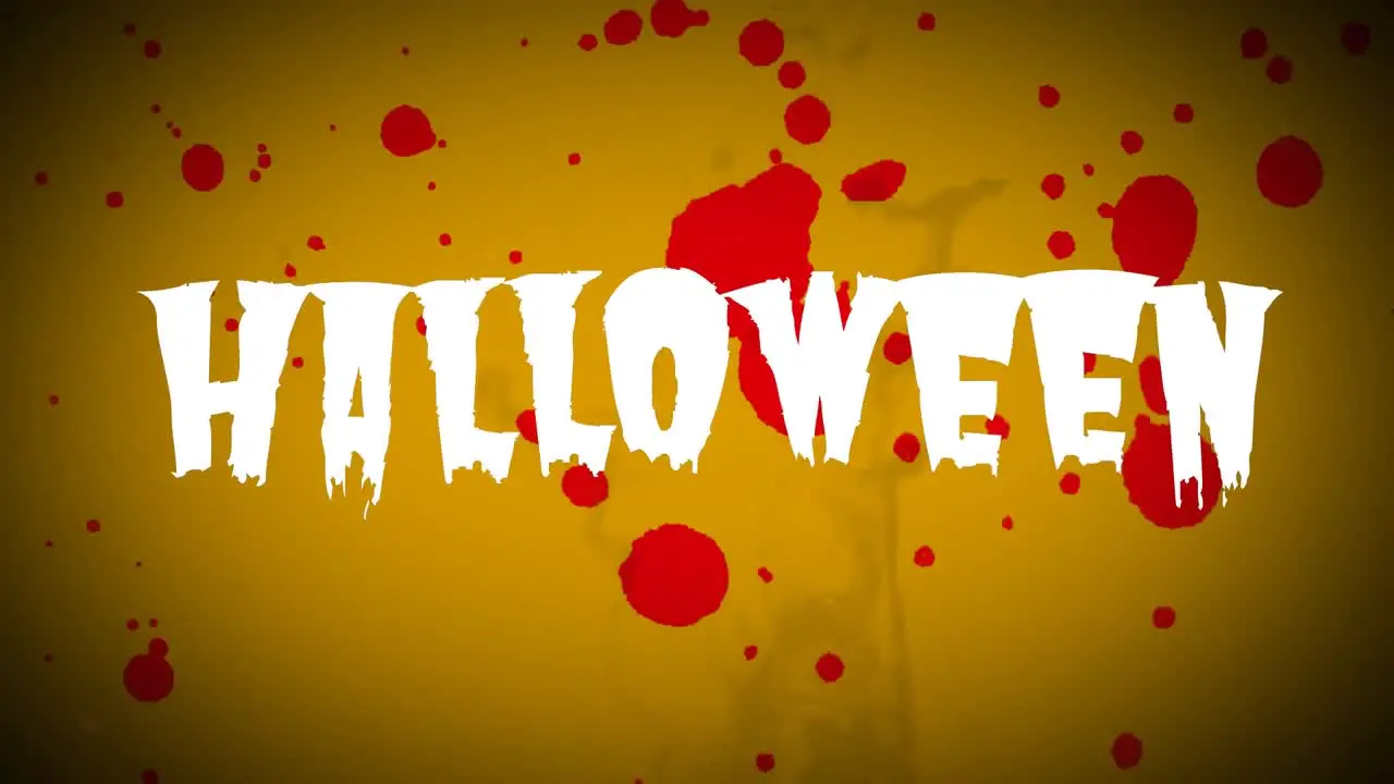 Animation of halloween writing blood stains and smoke on yellow background