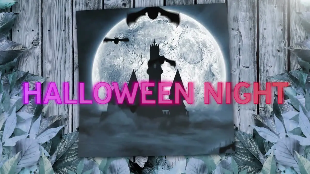 Animation of halloween night text over bats flyin leaves and castle