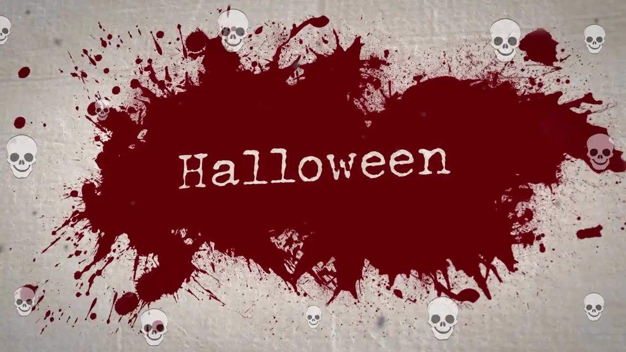 Animation of halloween greetings skulls and blood stain on beige background