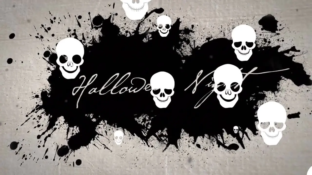 Animation of halloween night and floating skulls over ink stain on beige background