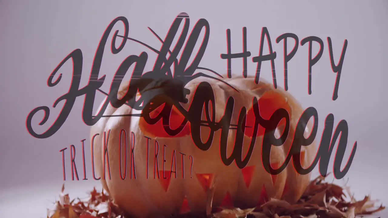 Animation of happy halloween trick or treat text with spider over carved pumpkin lantern