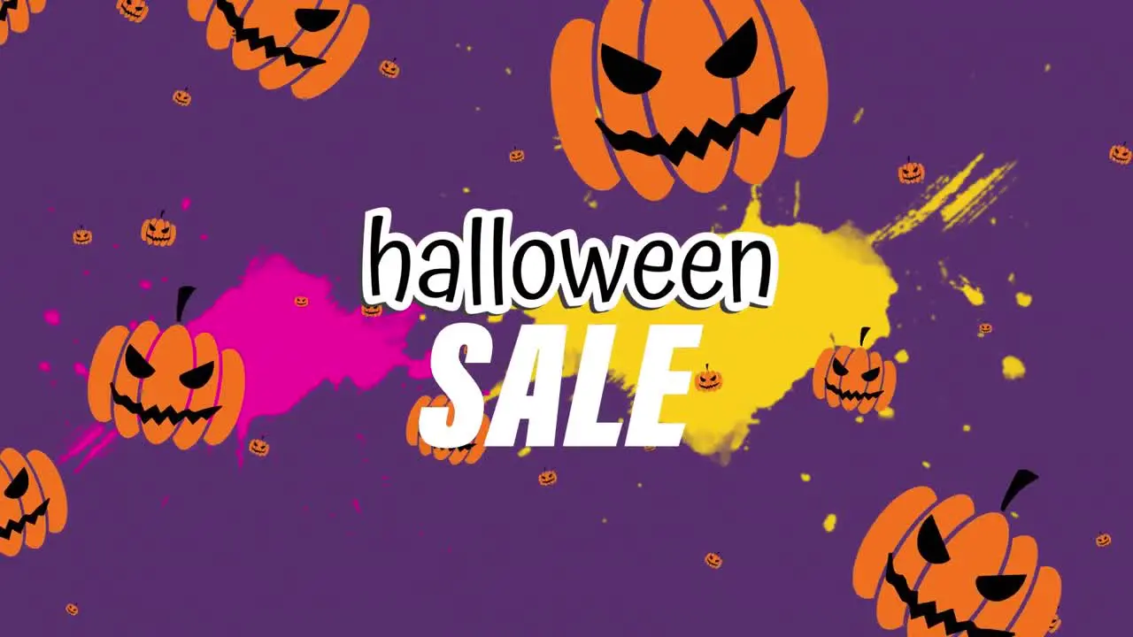 Animation of halloween sale and floating pumpkins on purple background