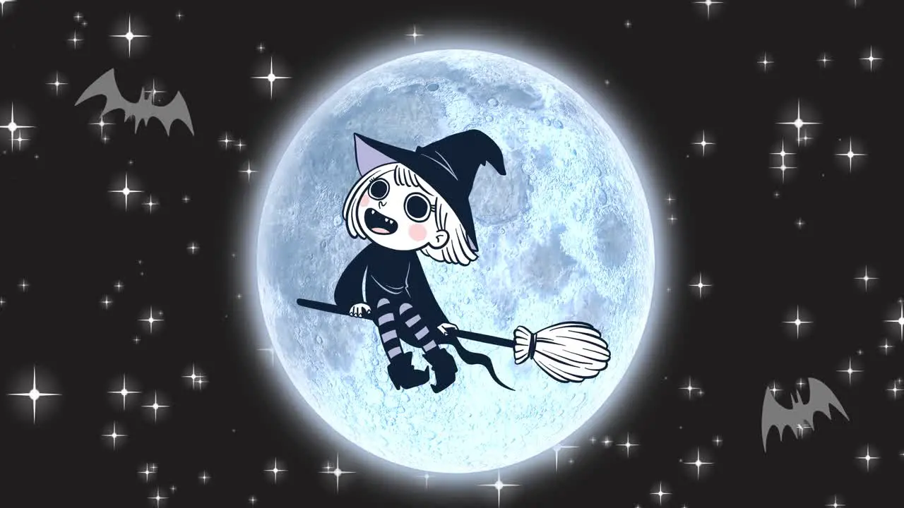 Animation of witch over moon and night sky