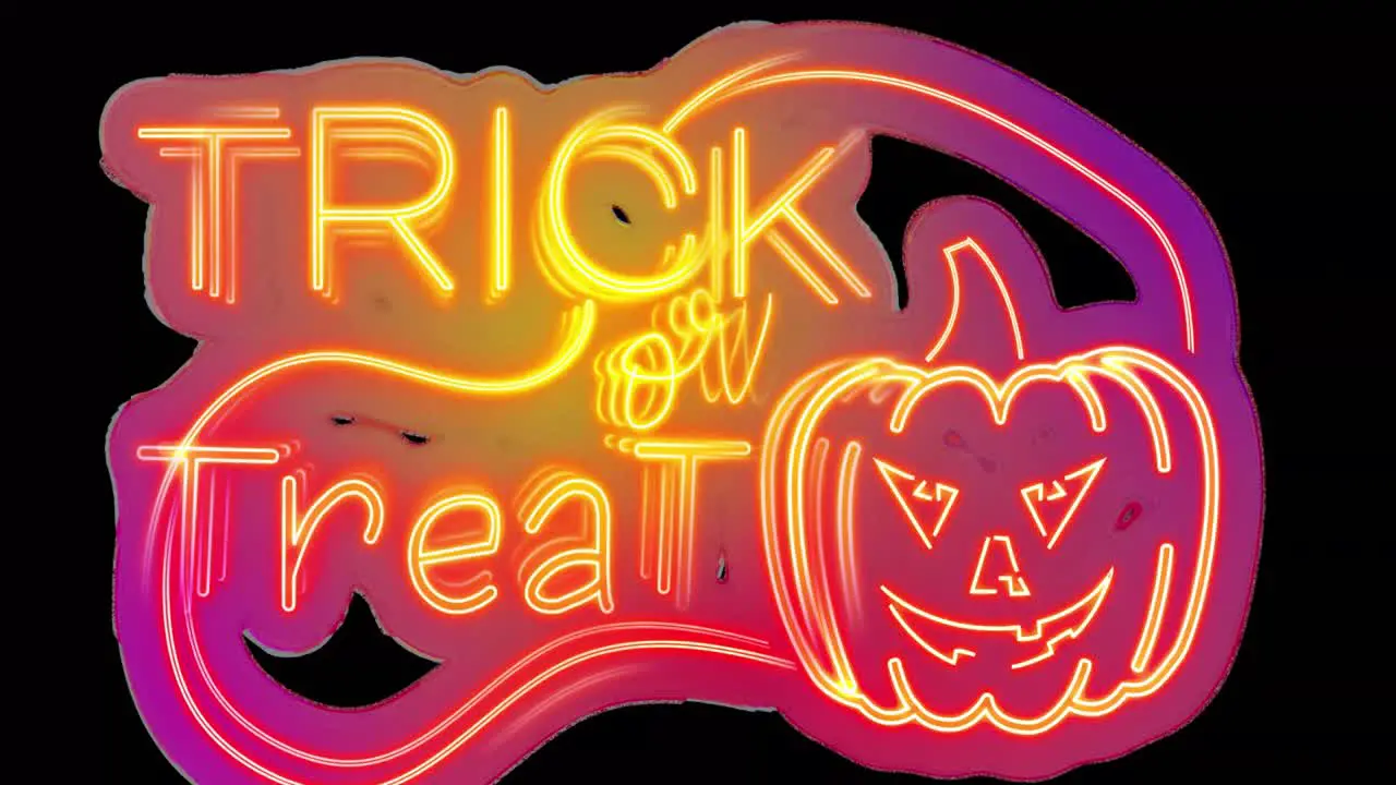 Animation of neon trick or treat with pumpkin on black background