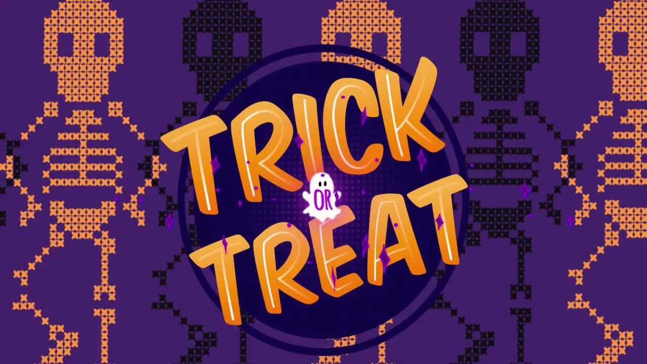 Animation of trick or treat over purple background with moving skeletons