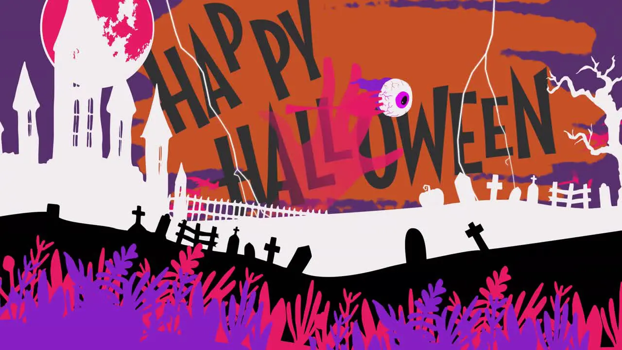 Animation of happy halloween text with haunted cemetery zombie hand and lightning on purple