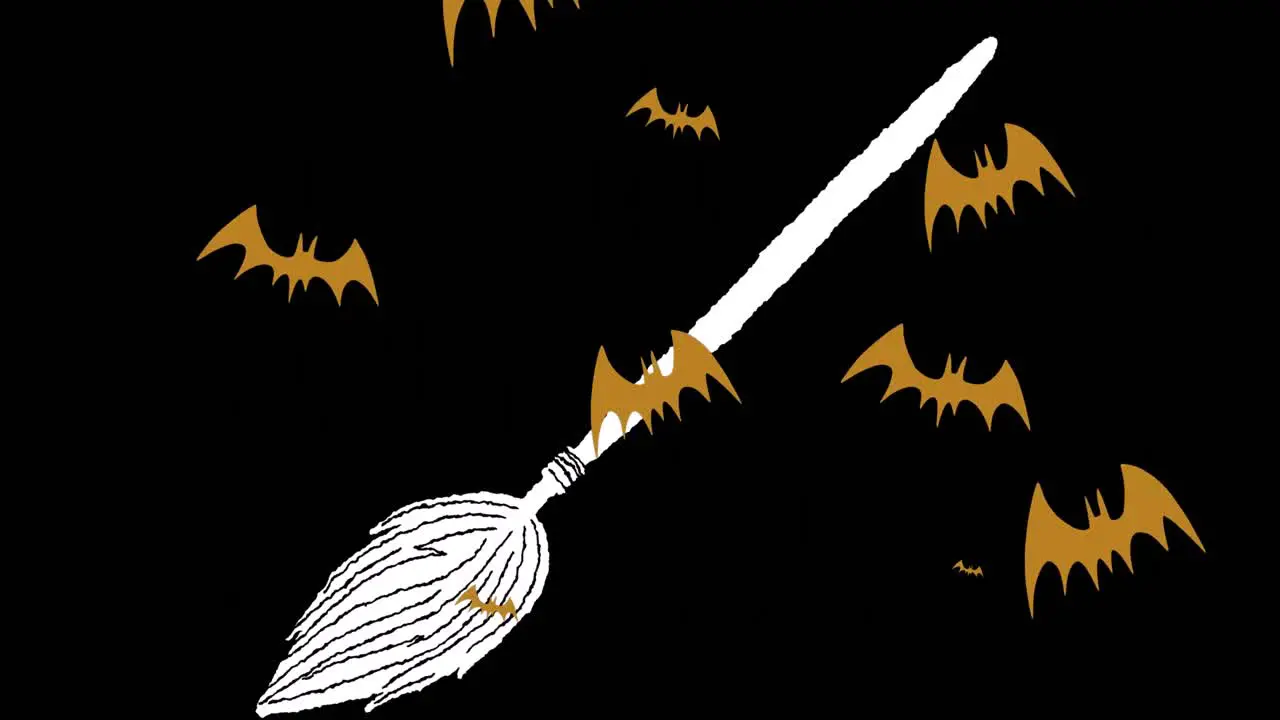 Animation of flying bats over broomstick on dark background