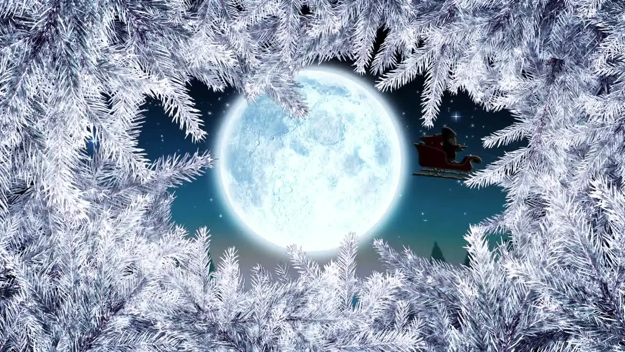 Animation of christmas white fir tree frame and santa sleigh over full moon