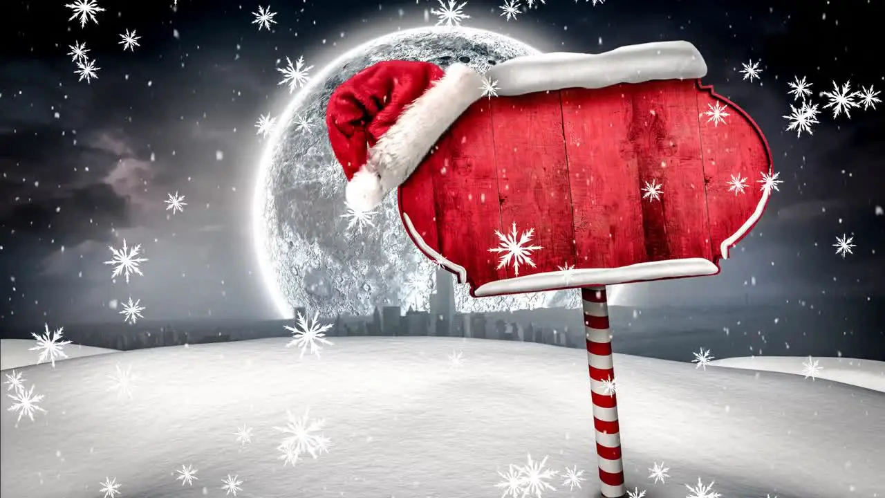 Animation of falling snowflakes over blank sign with christmas santa hat and full moon