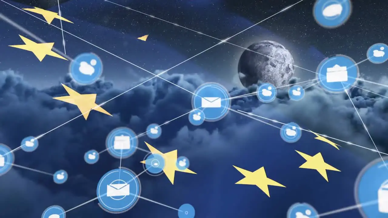 Network of digital icons over waving eu flag against clouds and moon in the night sky