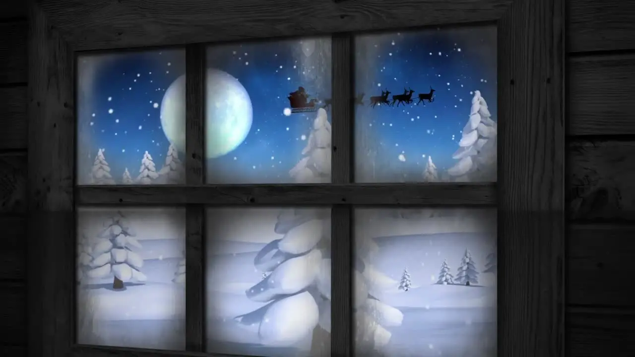 Wooden window frame against snow falling over multiple trees against moon in the night sky