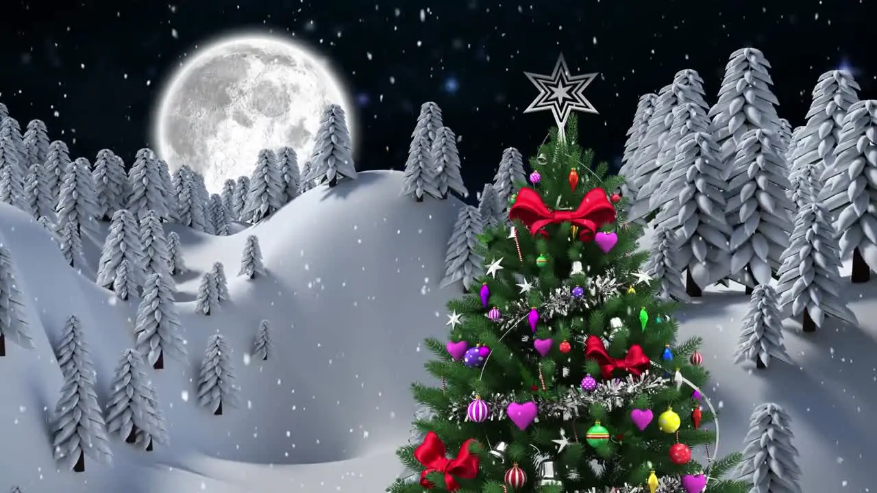 Digital animation of snow falling over christmas tree on winter landscape against moon in night sky