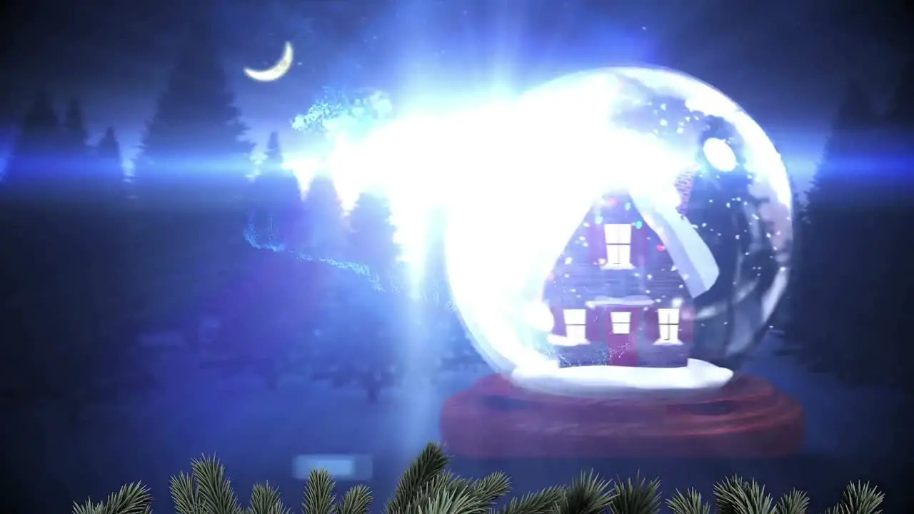 Shooting star around house in a snow globe on winter landscape against moon in the night sky