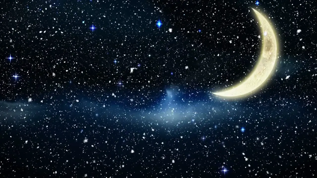 Animation of snow falling and christmas stars over crescent moon on black background