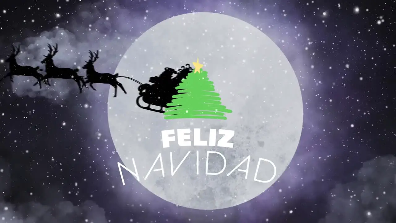 Animation of feliz navidad christmas tree and santa sleigh over full moon and snow falling