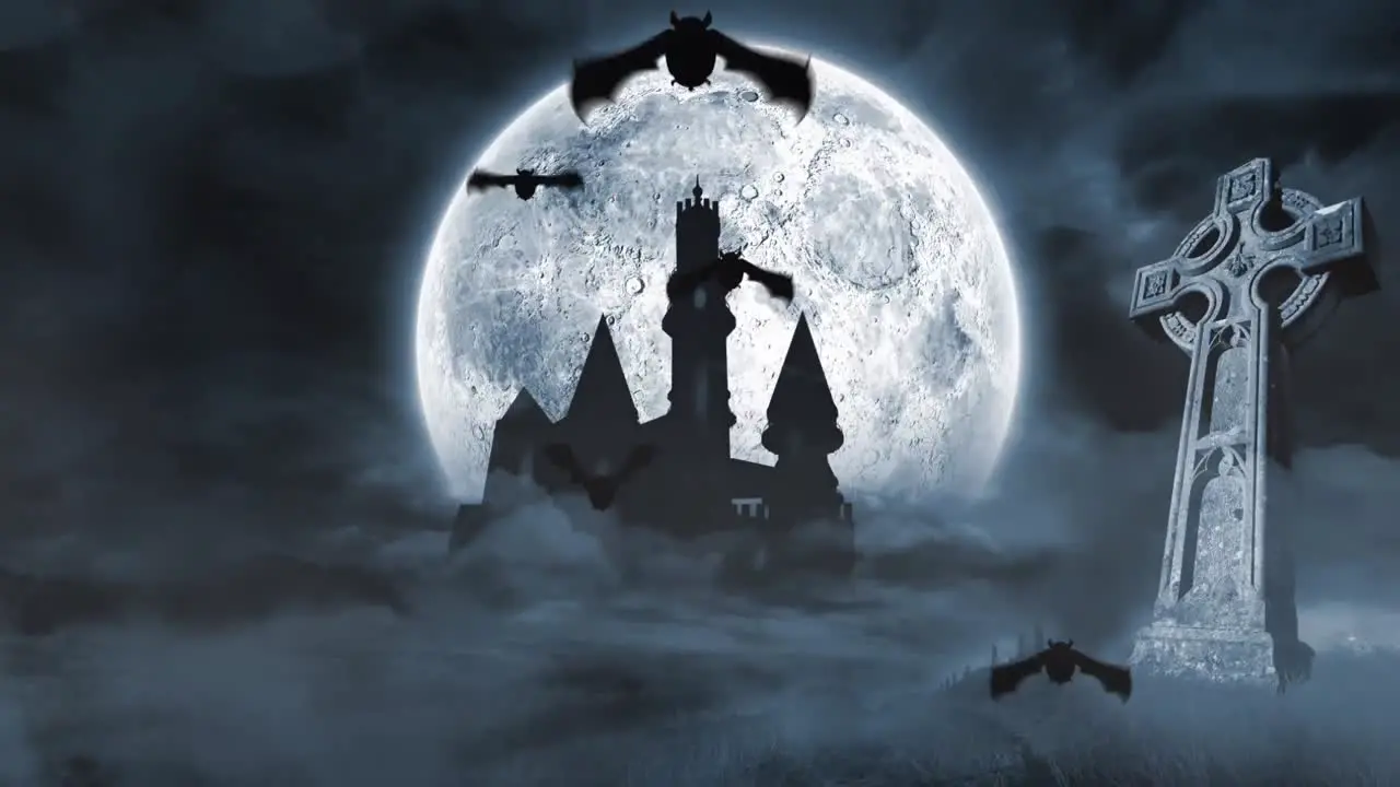 Animation of bats flying out of castle over full moon and grave