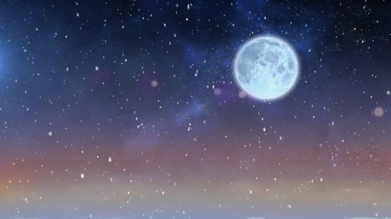 Animation of christmas snow falling with full moon in a starry night sky