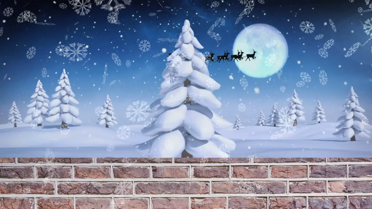 Snowflakes falling over brick wall plank against winter landscape and moon in the night sky