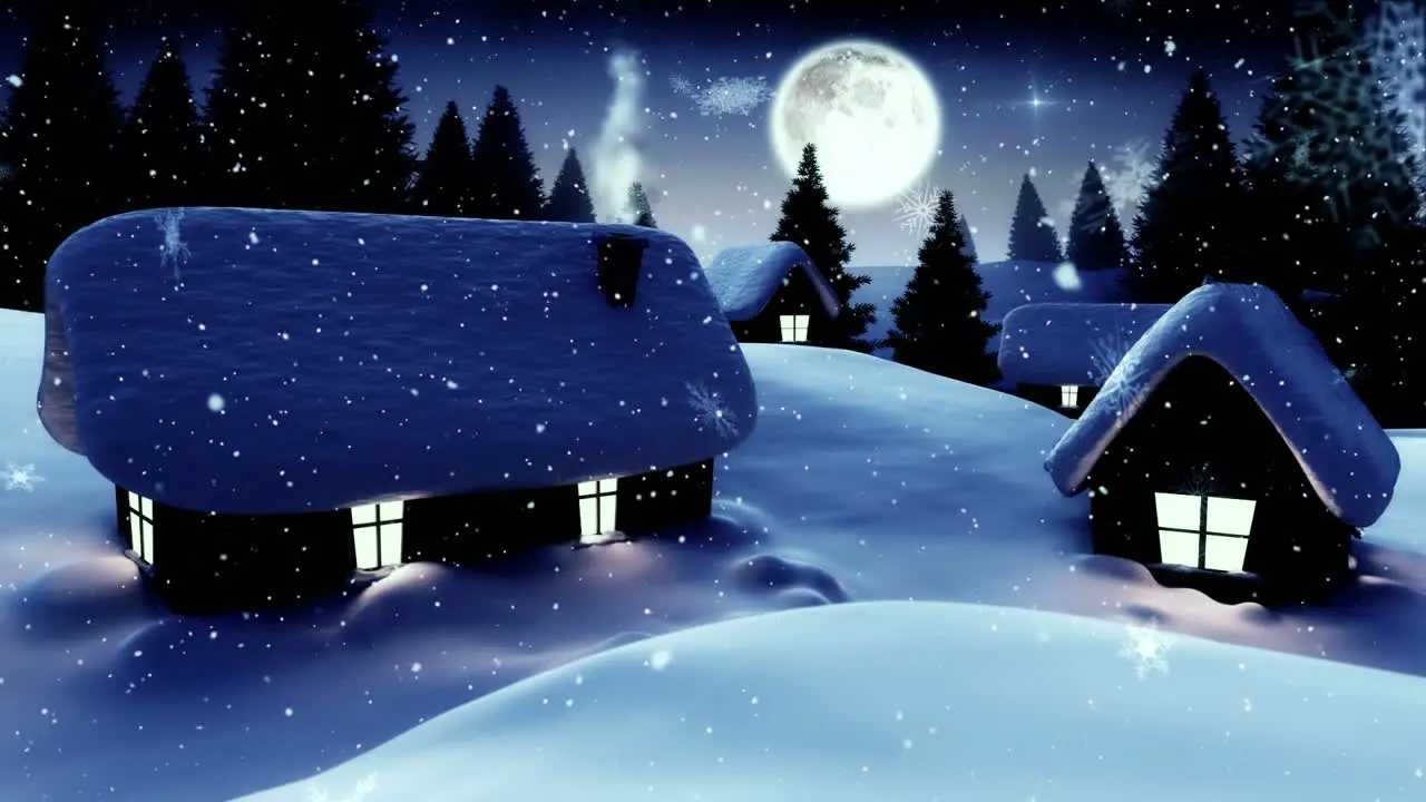 Snowflakes falling over multiple houses and trees on winter landscape against moon in night sky