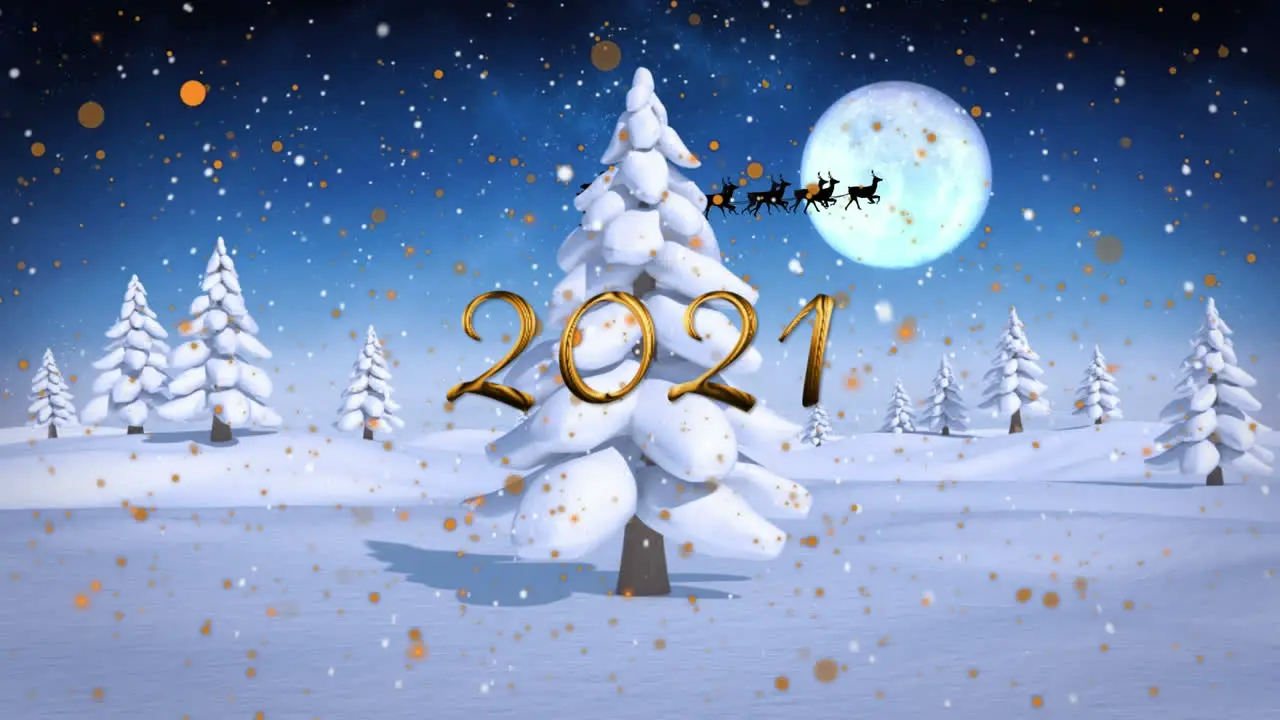 2021 text and yellow spots over snowflakes falling over winter landscape against moon in night sky