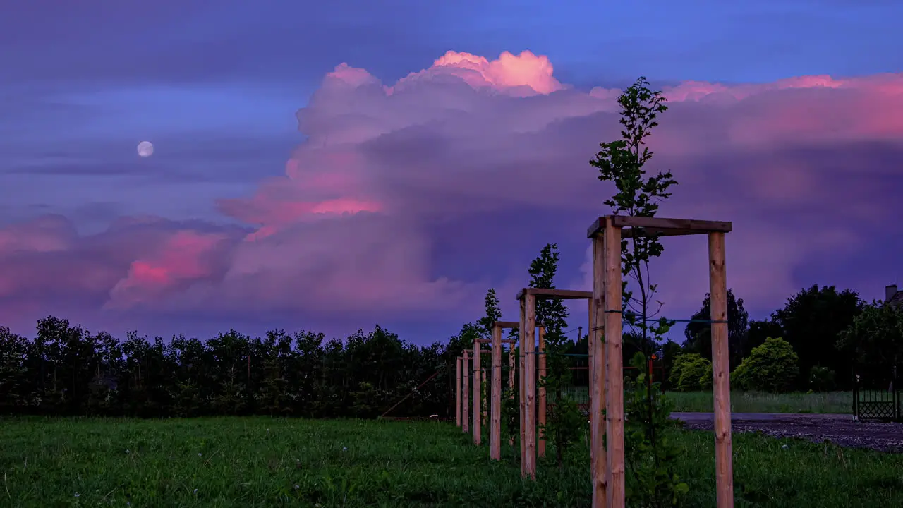 Timelapse shot of white cloud moving over green grassland with full moon rising in the background during evening time