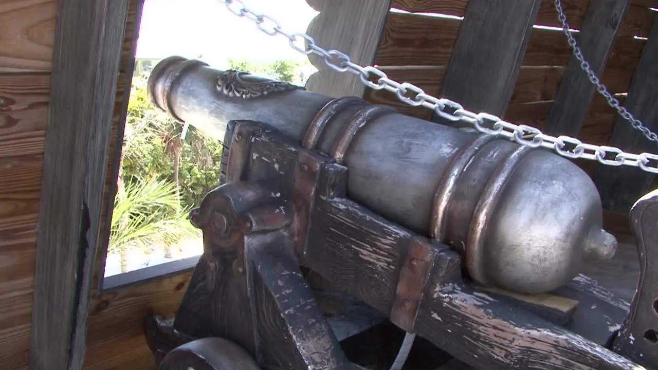 Close-up of an old cannon on the deck of a ship