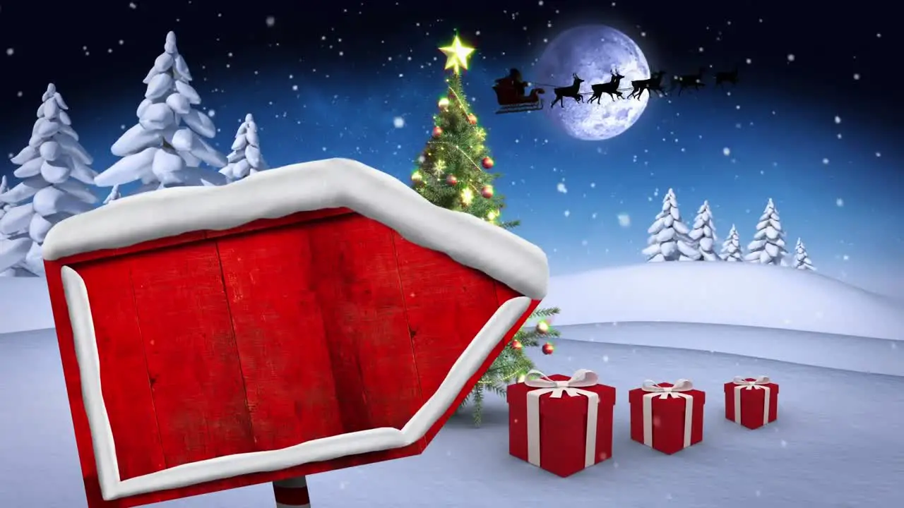 Animation of black silhouette of santa claus in sleigh being pulled by reindeer with full moon