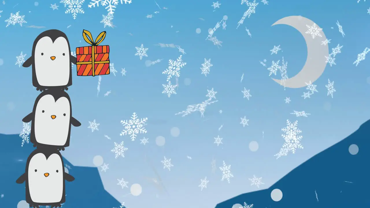 Animation of tower of three penguins holding christmas gift over snowflakes and crescent moon