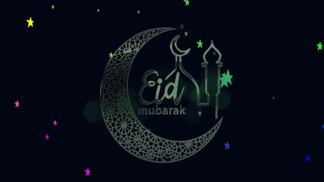 Animation of eid mubarak text with crescent moon and mosque with stars background