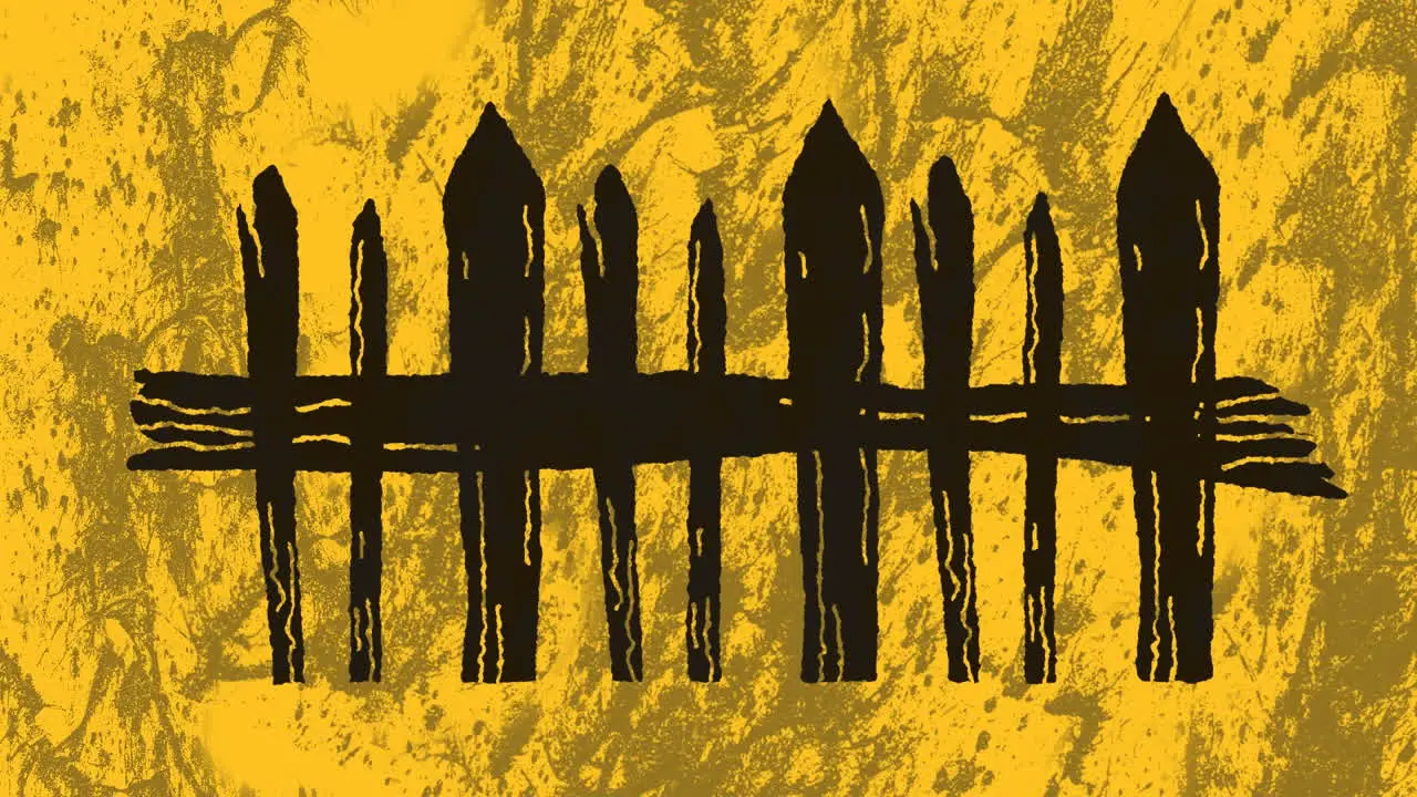 Animation of halloween cemetery fence over moving yellow and grey background