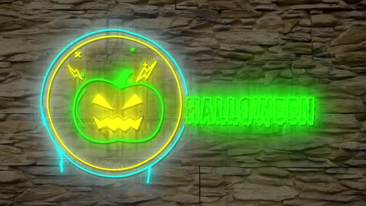 Animation of neon halloween greetings and pumpkin on brown stone background