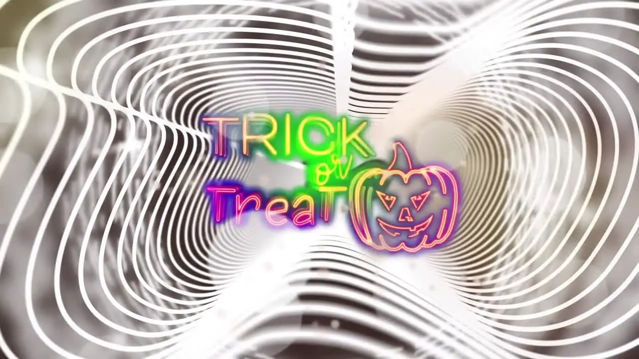 Animation of neon trick or treat halloween text over lines on grey background