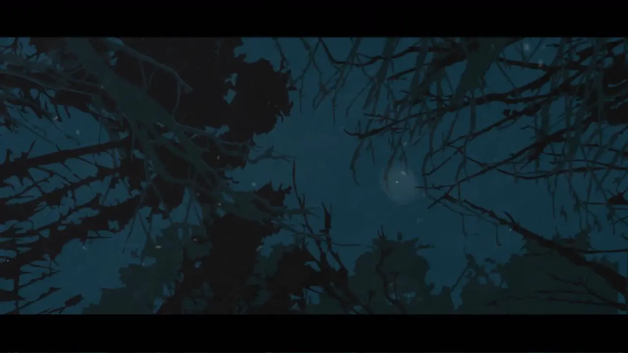 Digital animation of white particles floating and lightning thunder against creepy trees