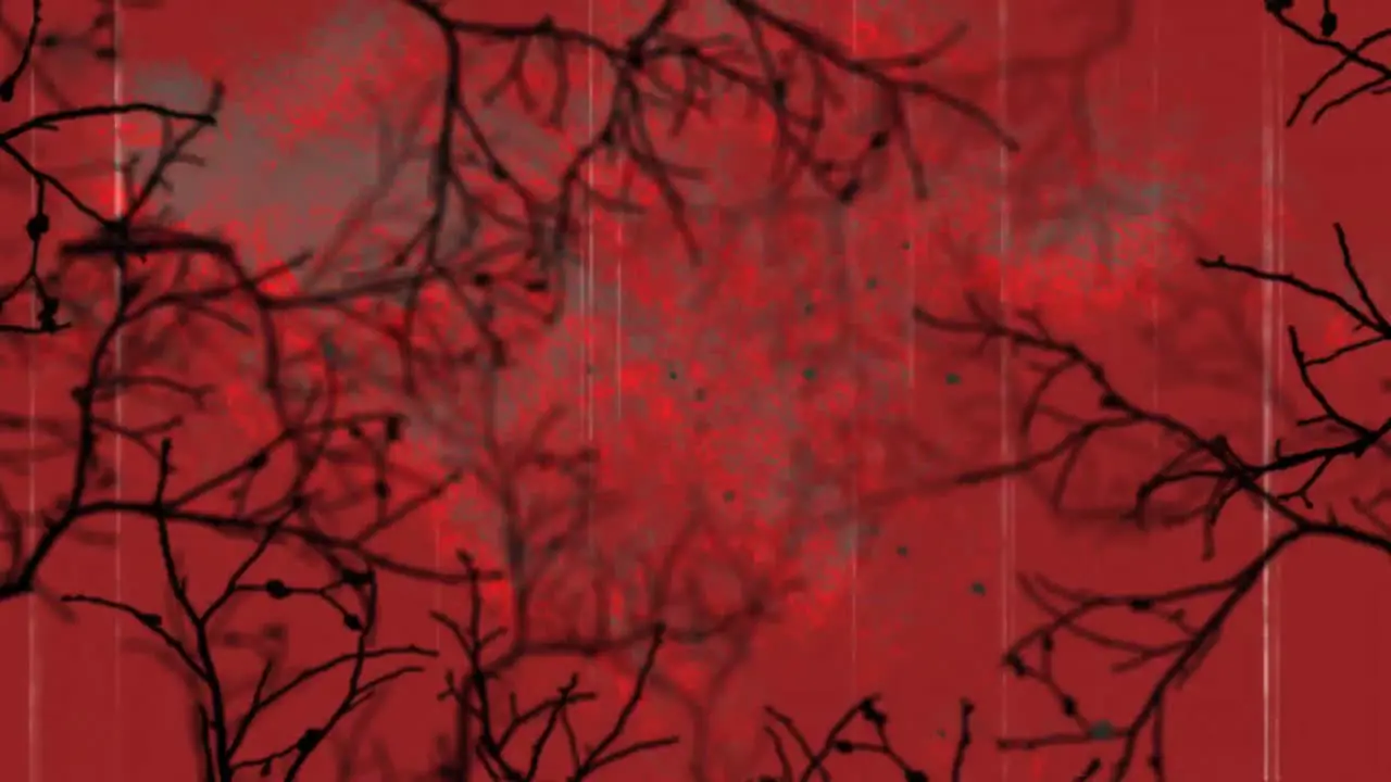 Animation of halloween interference over tree branches on red background