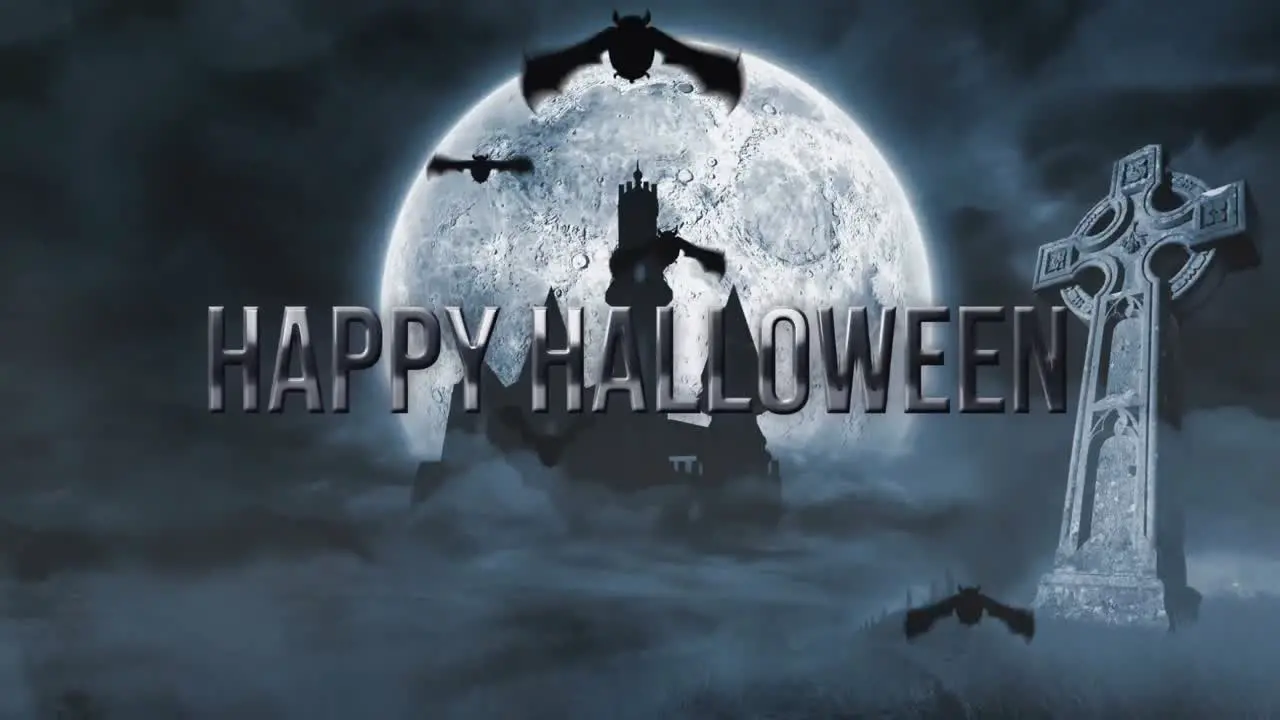 Animation of happy halloween text over bats flying graveyard and castle