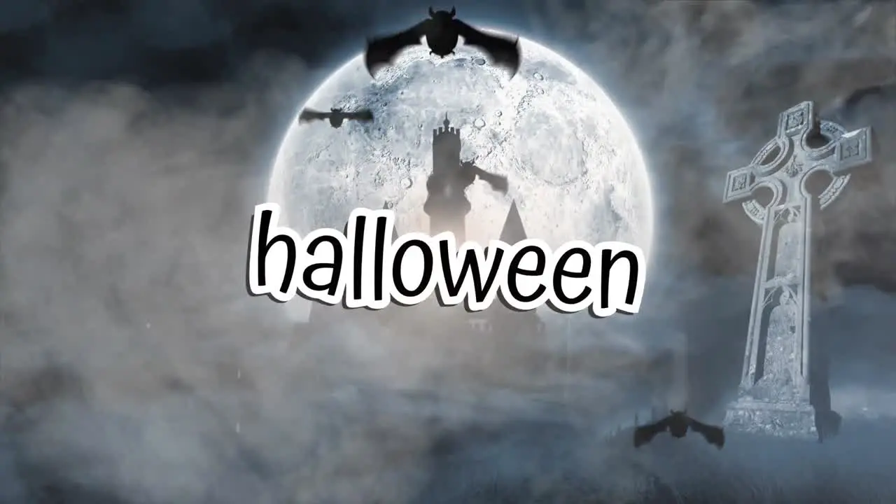 Animation of halloween text over bats flyin graveyard and castle