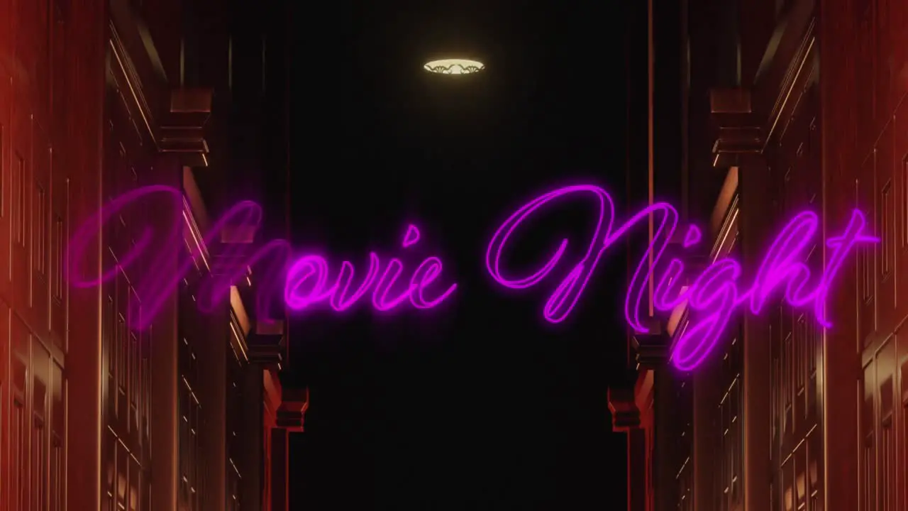 Animation of neon movie night over scary narrow corridor