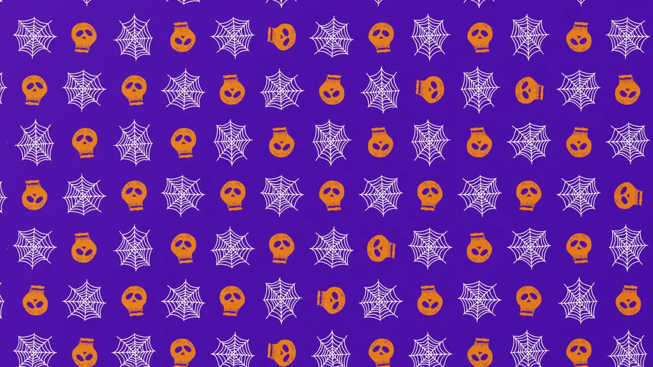 Animation of moving spiders webs and skulls on purple background