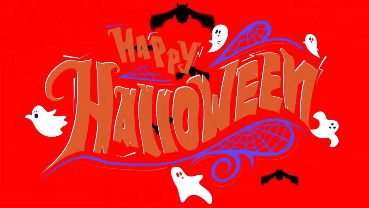 Animation of happy halloween text over black bats on red background