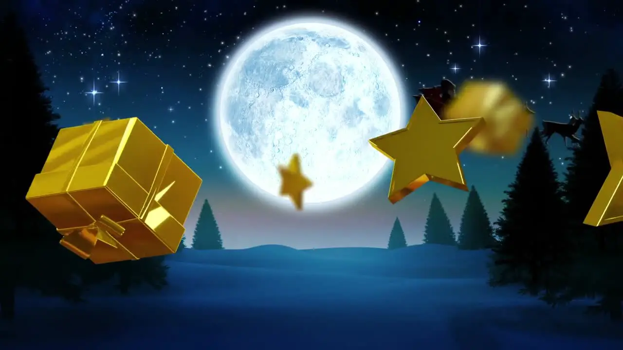 Animation of christmas gold stars and presents over santa claus in sleigh and full moon