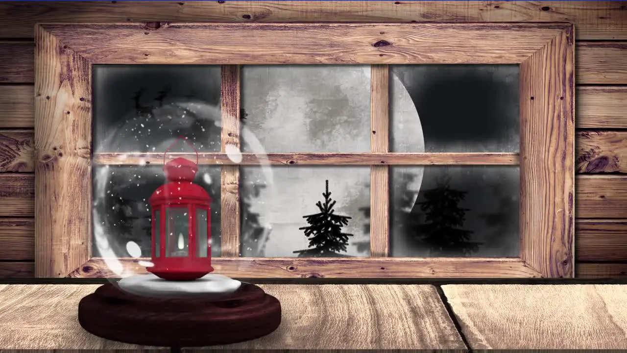 Animation of snow globe with lantern and silhouette of santa claus in sleigh