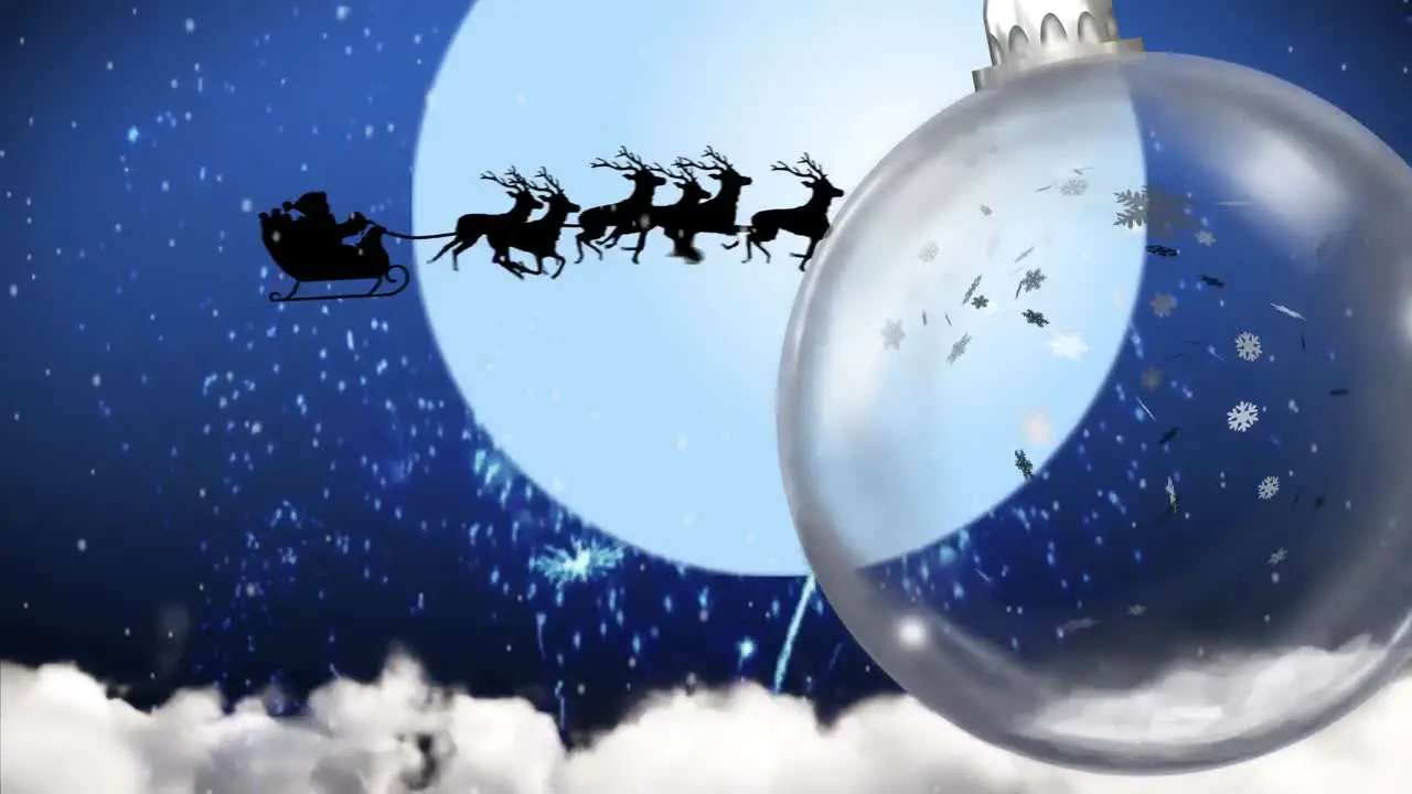 Animation of christmas bauble dangling over santa claus in sleigh full moon and snow falling